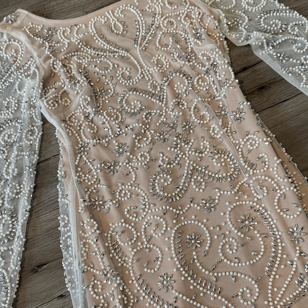Xscape Blush Beaded Illusion Long Sleeve Sheath Dress - Picture 3 of 7